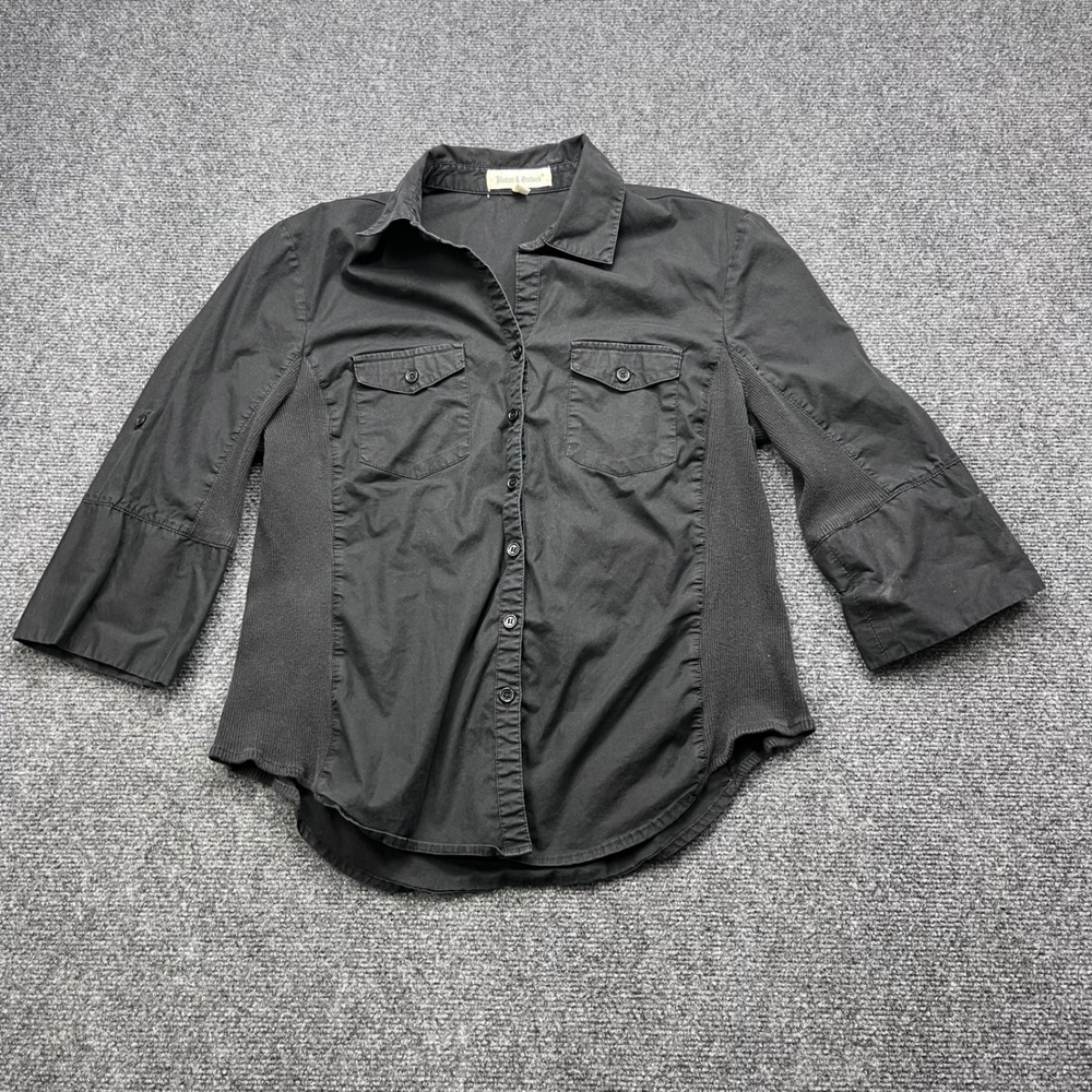 Hester &‎ Orchard Utility Button Down Ribbed Panel Black Three Quarter Sleeve